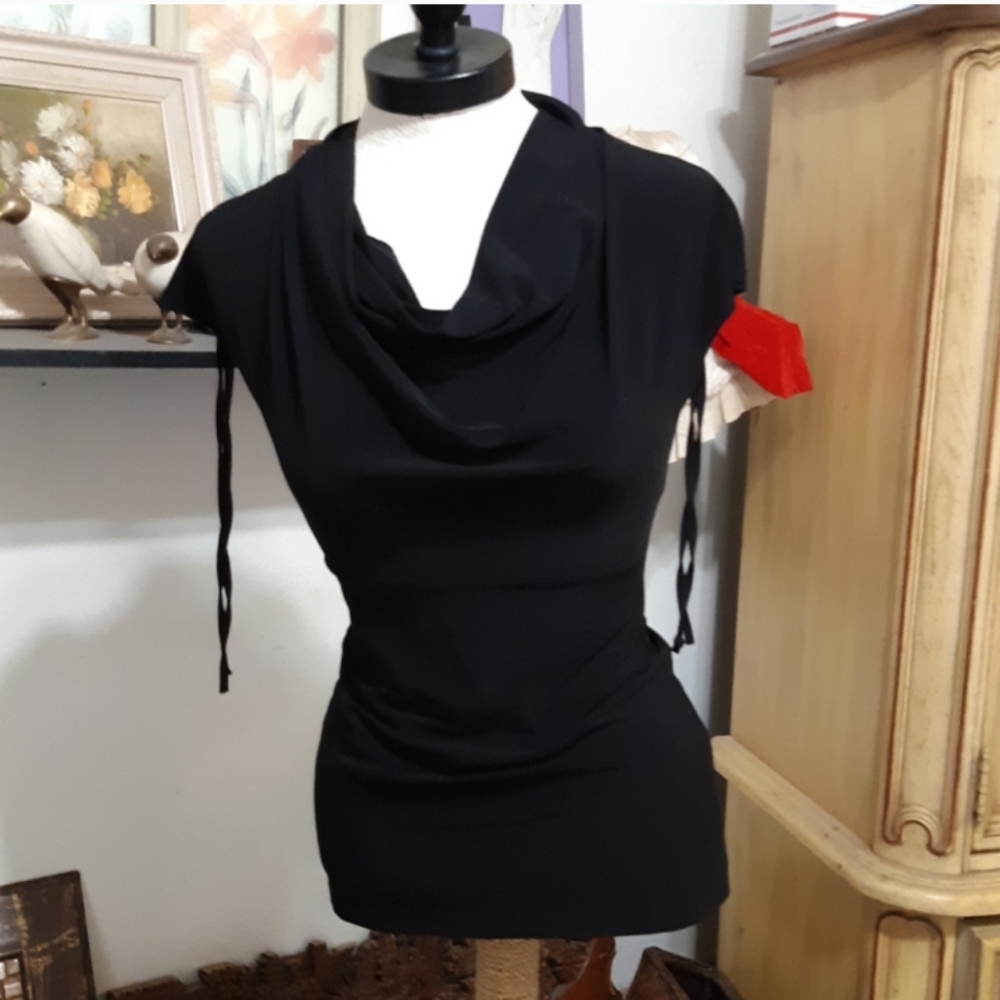 Womens Classy Black dress shirt top Blouse short sleeve Stretchy sz Sm by DESIGN